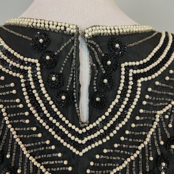 Vtg 80s Beaded Silk Blouse Silk Black White Stripe Small Boxy Oversized - Picture 8 of 11